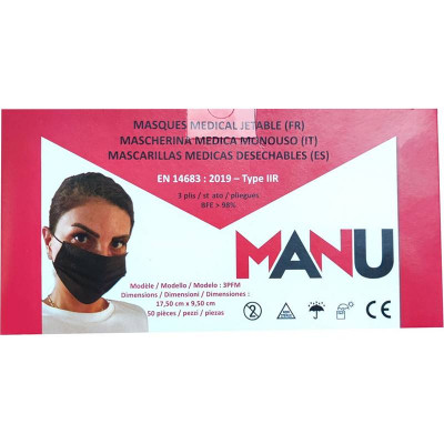 Mouthmask 3-ply IIR Black incl. elastic 50 pieces