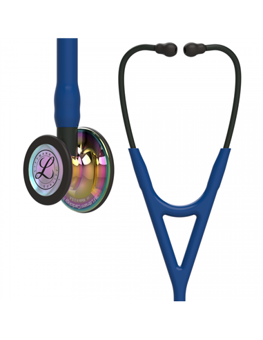 Littmann Cardiology IV Stethoscoop borststuk met hoogglanzende regenboogkleurige afwerking, marineblauwe slang, zwarte steel en 